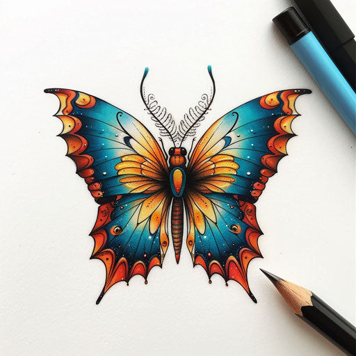 Vibrant flat tattoo sketch of a micro realism butterfly