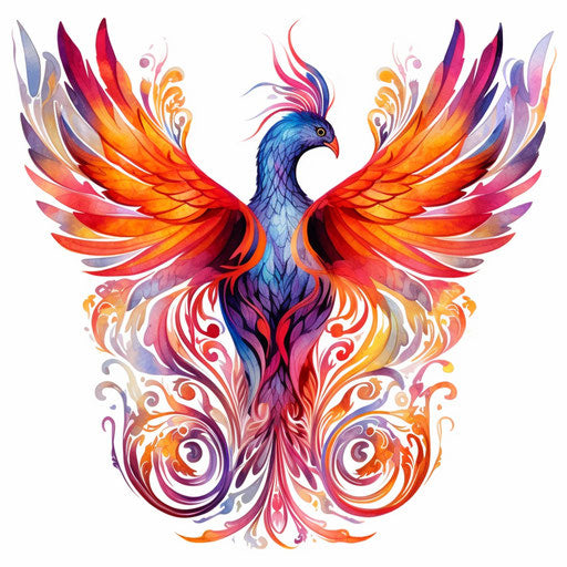 Phoenix bird in watercolor, psychedelic color palette