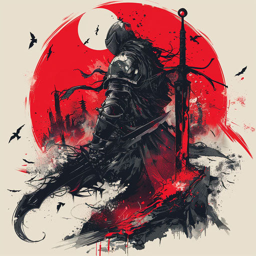 Dynamic tattoo sketch of a Dark Souls battle scene in a vivid, flat clipart style with red and black