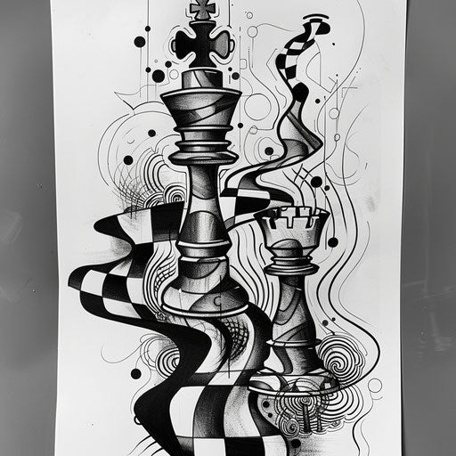 Abstract flat tattoo sketch with chess pieces and swirls