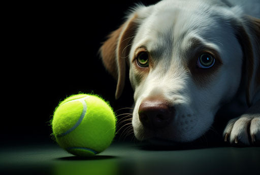 A puppy pulls a yellow tennis ball with its teeth