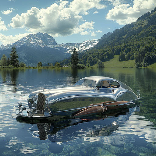 Floating Bentley R Type Continental on a picturesque lake