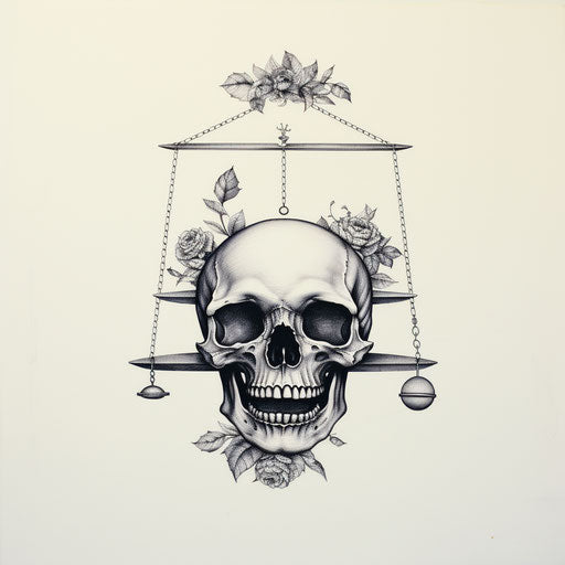 Skull on a scale: political tattoo, ink drawing