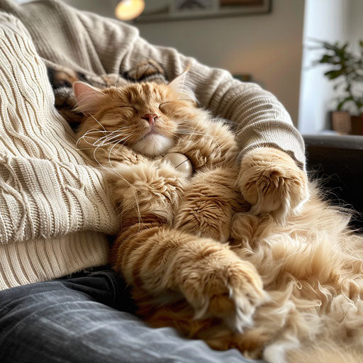 Plump cat sleeping on a couch with its owner