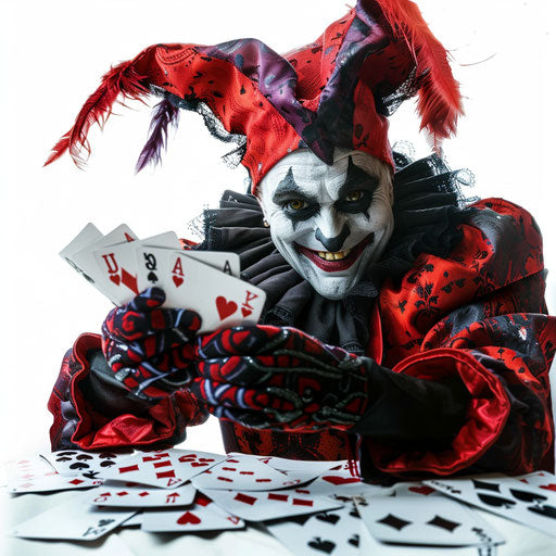The sinister gothic jester surrounded by playing cards