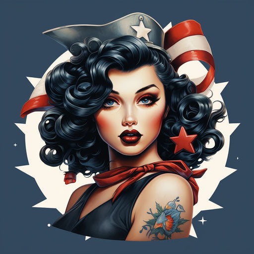 Girl with flag and anchor square sticker, atomic era style, tattoo