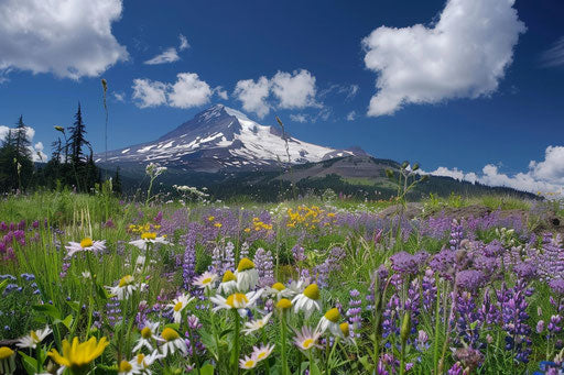 Mount Hood in Oregon with a snow cap, beautiful wildflowers
