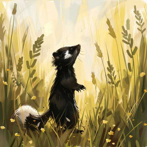 Skunk in meadow of tall grass