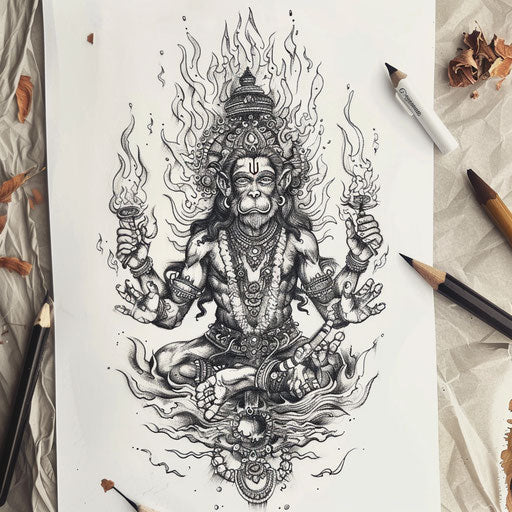 Intricate flat tattoo sketch with Hanuman surrounded by flames