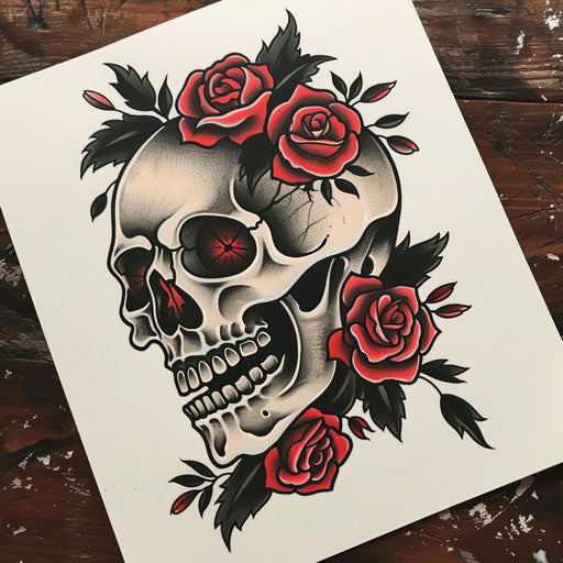 Traditional American skull tattoo with roses on white paper