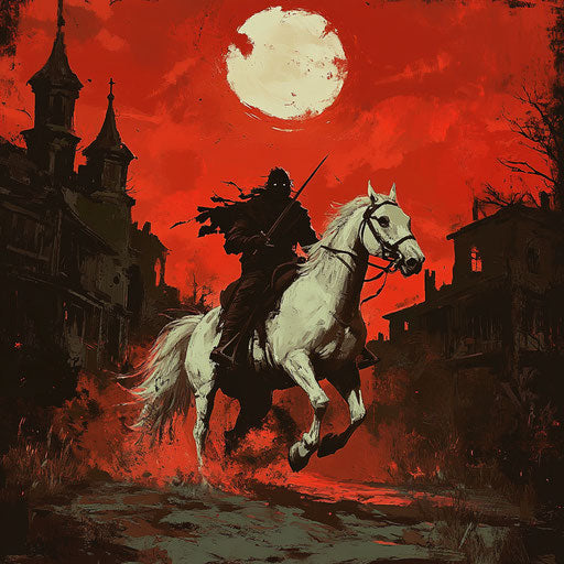 Headless rider on a pale horse, galloping through an abandoned town under a blood red sky