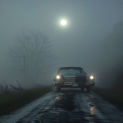 Haunted Cadillac emerging from fog on abandoned country road under full moon