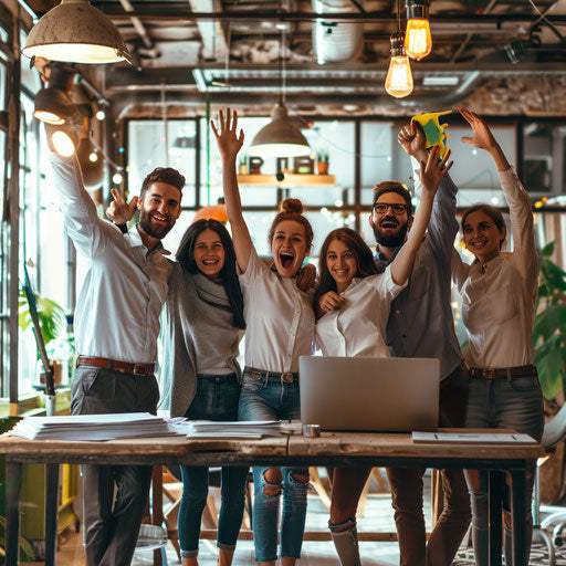 Startup team celebrating successful project