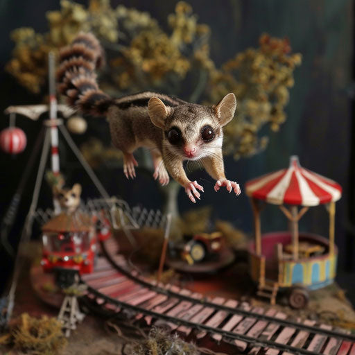 A sugar glider performing acrobatics in a circus of miniature animals