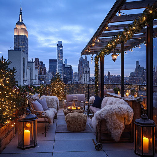 Rooftop terrace winter party scene with garlands and Christmas lights