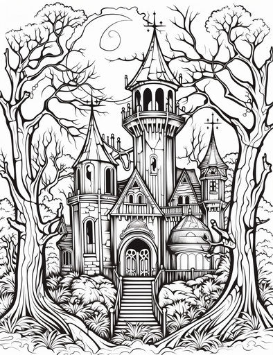 Halloween coloring pages with a castle and trees, kurzgesagt style, light violet and red