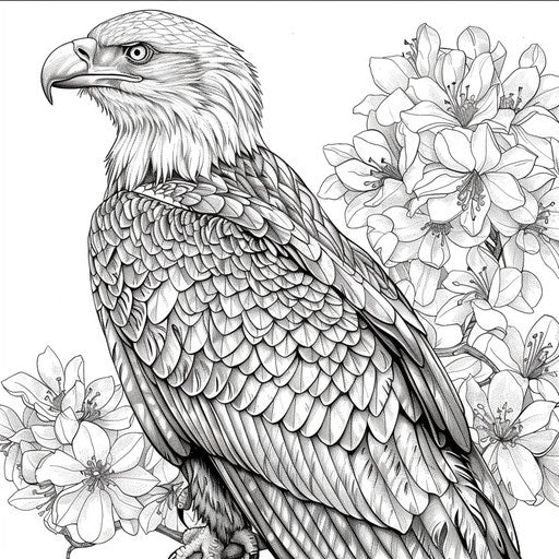 Realistic bald eagle with delicate wildlife, E.J. Detmold style, Coloring book page