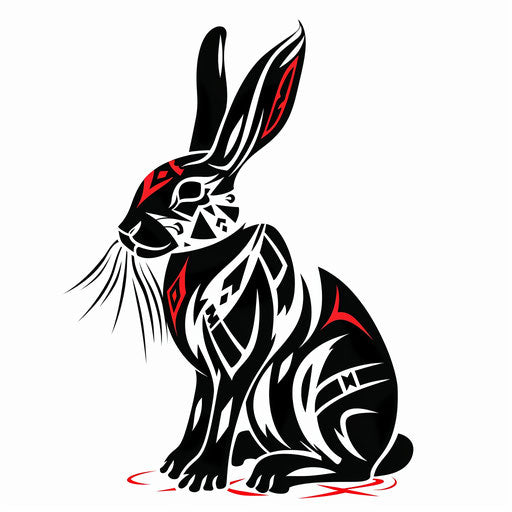 Stylized sketch of a black rabbit with tribal markings