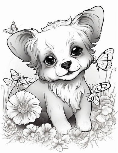 The puppy with flowers and butterflies coloring page