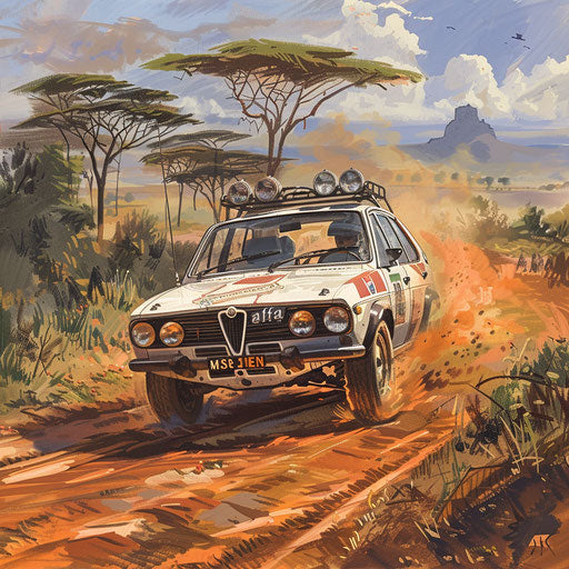 Alfa Romeo Alfasud safari edition with roof rack and bull bar, navigating through an African savannah