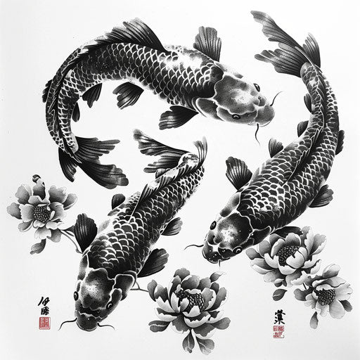 Vivid Japanese Koi Fish Tattoo Art, Black Ink, on White Canvas