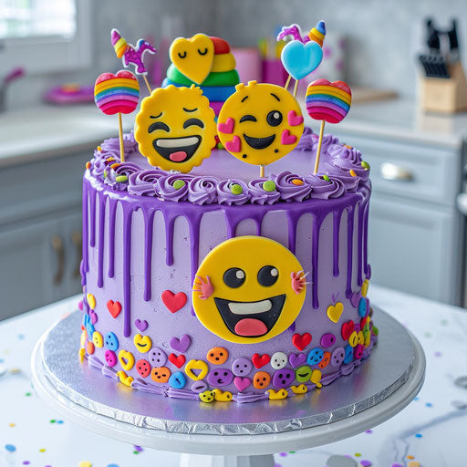 Purple emoji cake with hearts, tears of joy, smiley faces