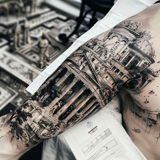 Neo-classical tattoo design of a Roman forum in black and grey