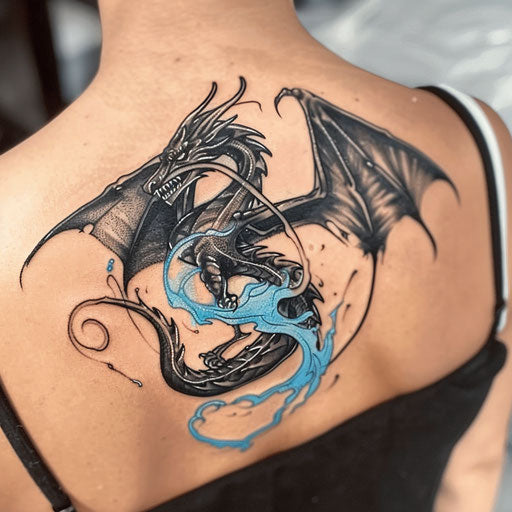Bold and dark flat tattoo sketch with a black dragon breathing blue flames