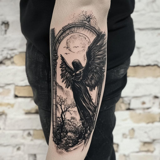 Back of arm tattoo in the style of Gerald Brom with a gothic angel
