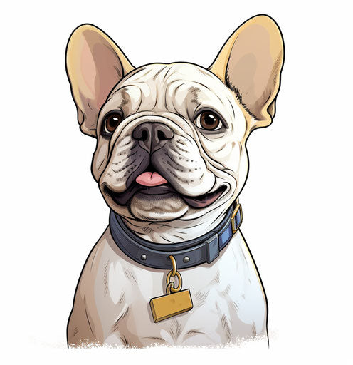 Playful cartoon of white French bulldog with collar