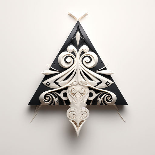 Origami triangle with black and white designs, Maori art style, layered imagery