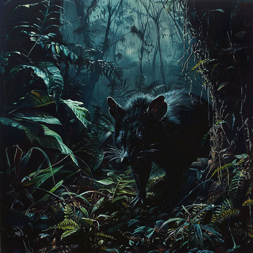 A Tasmanian devil emerging from the shadows of a dense, ancient forest at dusk.