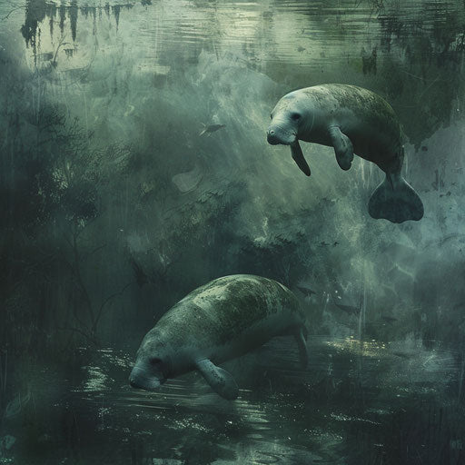 Manatees in a murky river, mysterious and atmospheric