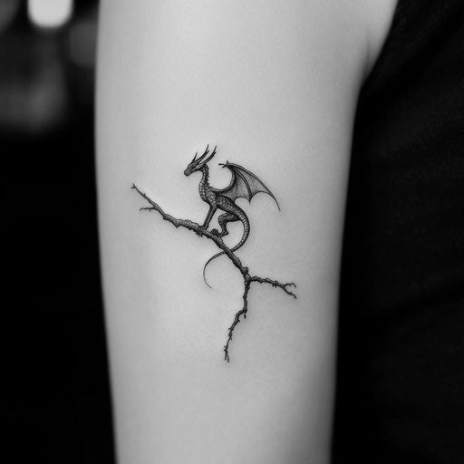 Small arm tattoos with a tiny dragon perched on a branch