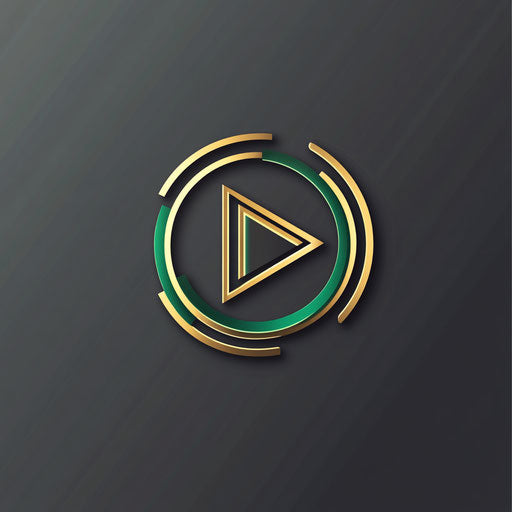 Professional DJ logo with stylized play button design, sleek sans-serif typography, in fresh green and gold palette, isolated on flat dark gray background.