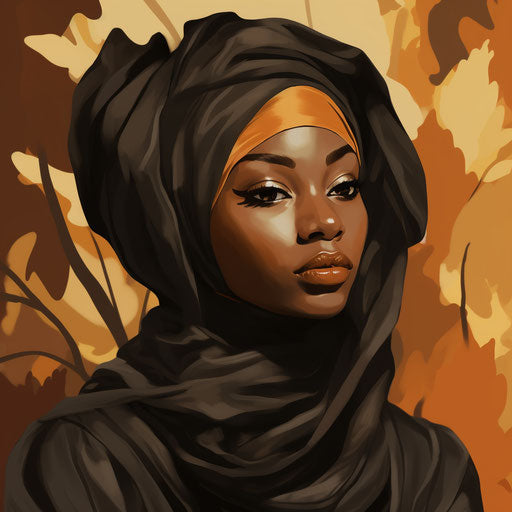 Black woman in hijab with a leaf, dark gray and amber style