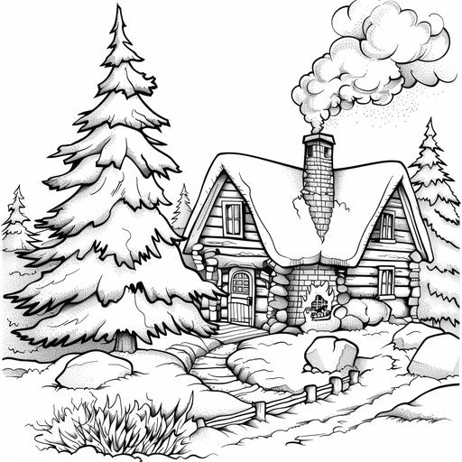Cozy winter chalet with smoke from chimney and snowy pine trees