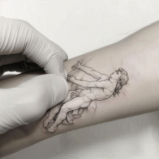 Subtle clipart style flat tattoo sketch of creation of Adam