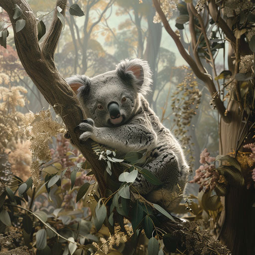 Koala bear in a surreal and dreamy forest scene