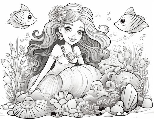Mermaid relaxing on shell under the sea, cute girl, colorful children's illustration
