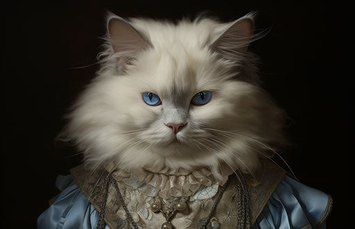 White, fluffy, black and blue cat looking directly at the camera