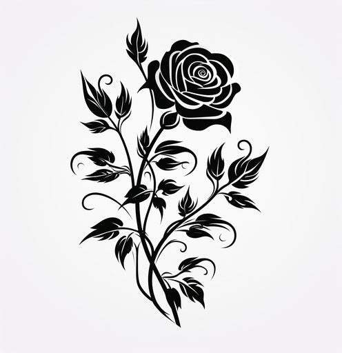 Black rose and leaves on white background, flowerpunk style, graphic arrangements