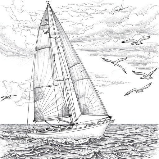 Sailboat on calm sea with flying seagulls