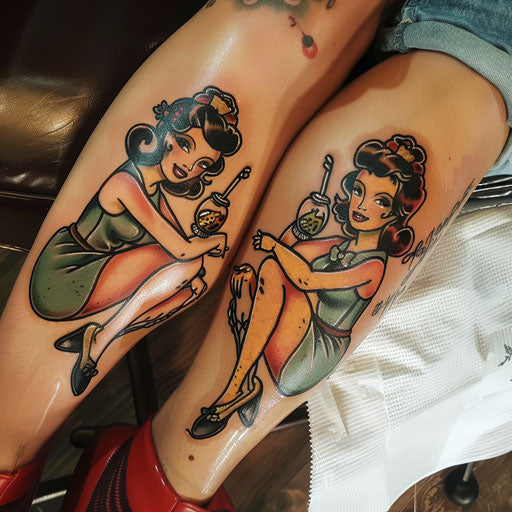 Friendship tattoos in the style of Ed Hardy with traditional pin-up girls and matching elements
