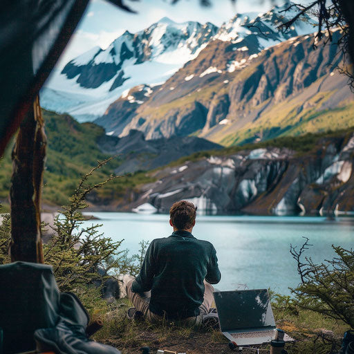 Freelance professional working with scenic backdrop