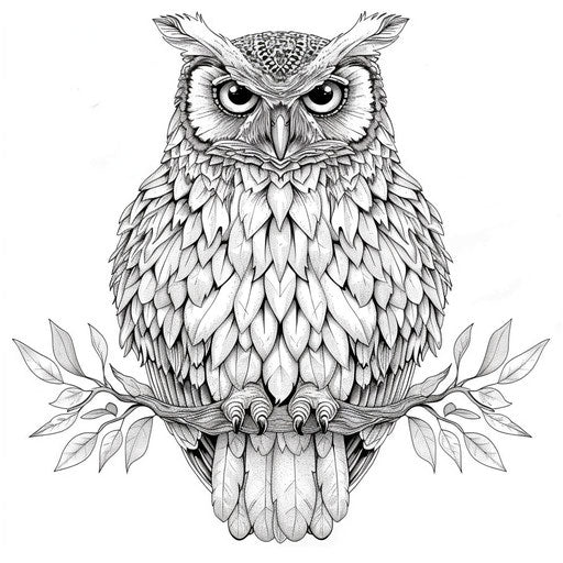 Mystical owl with detailed feathers in the style of Ruben Ireland Coloring book page