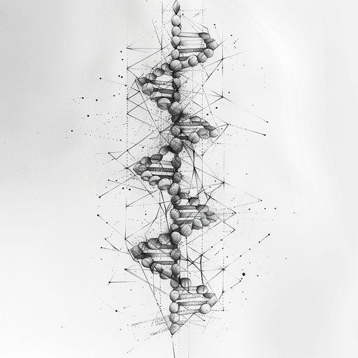 Innovative geometric tattoo design with DNA helix on white backdrop