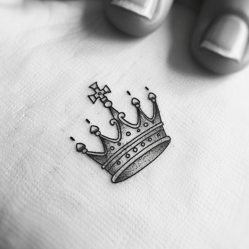 Minimalist king crown tattoo design in fine line black ink on white background.