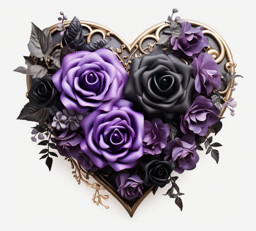 Heart ornament with purple rose, HD PNG download, violet and black style