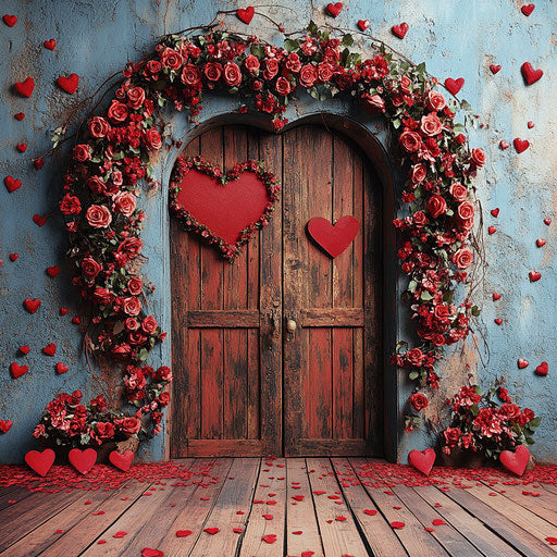 Red heart-shaped arch with roses and red hearts on the floor